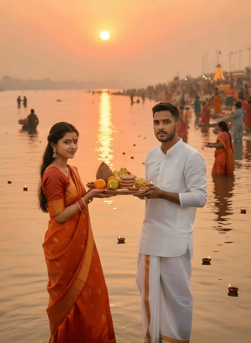 Chhath Puja AI Image Editing Couple at water
